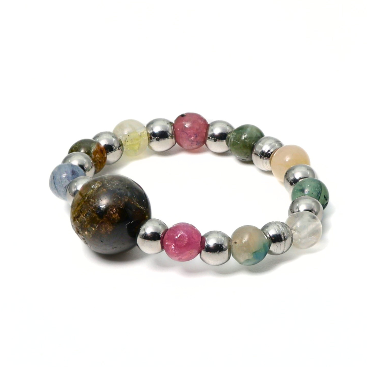 Alba Edelstein Ring – Elastischer Kugelring & Versilberter Edelstahl