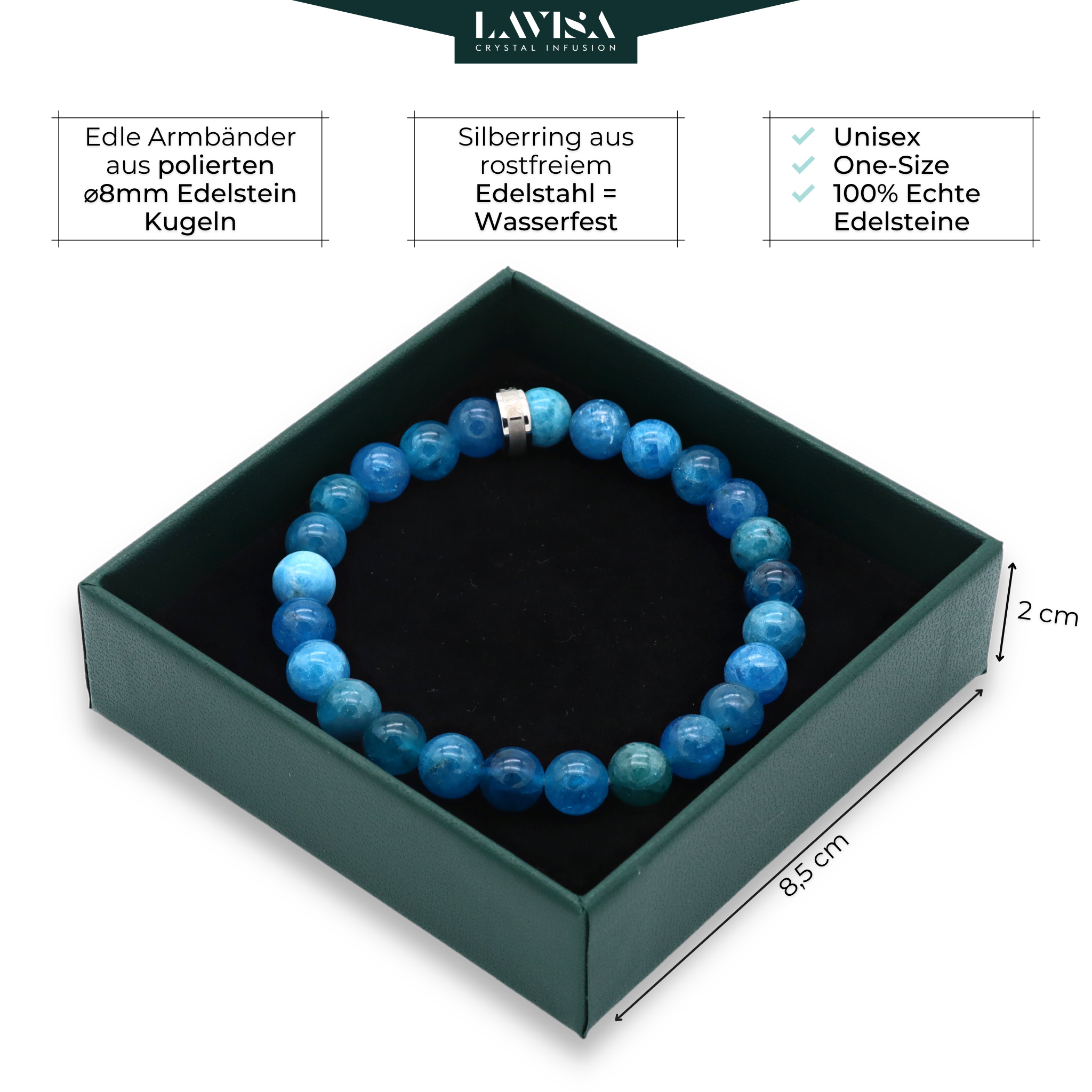  Edelstein Armband Apatit lavisa 10 Varianten 8mm Perlen